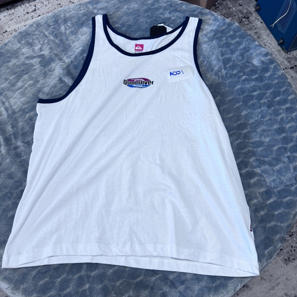 Quiksilver White Tank Top Mens XL Navy Trim Logo Surf Workout Sleeveless 90s NWT